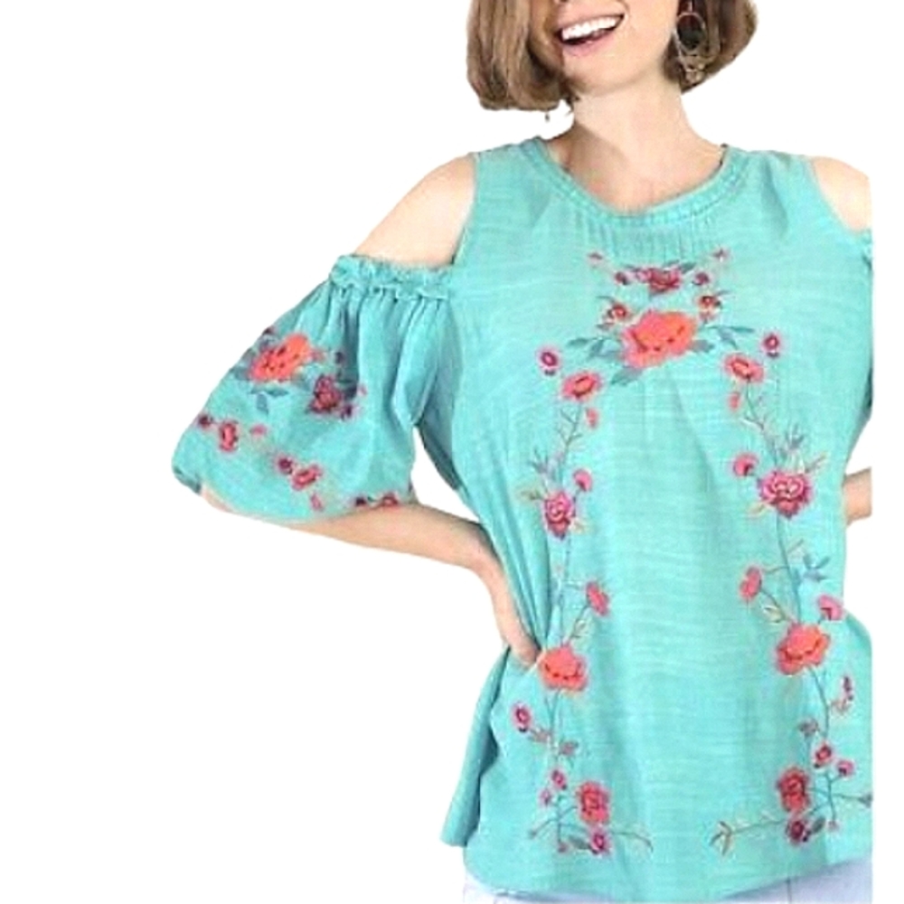 UMGEE Floral Rose Embroidered Cold Shoulder Short Puff Sleeve Top EUC - Picture 14 of 16
